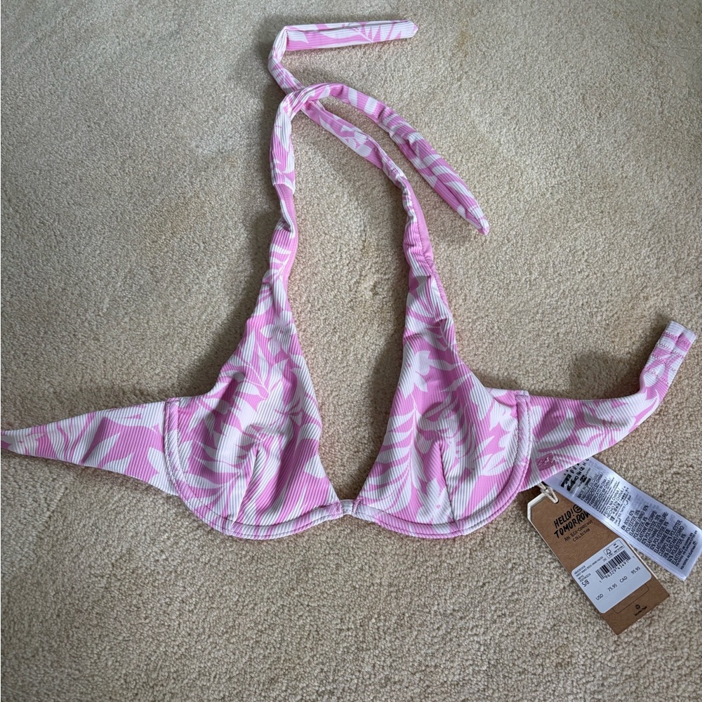 Billabong Pink and White Floral Bikini Top
